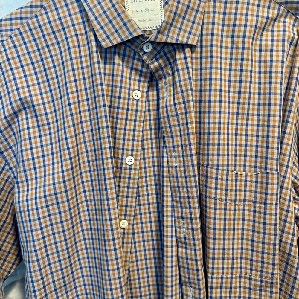 Billy Reid Men's Blue and Tan Plaid Shirt